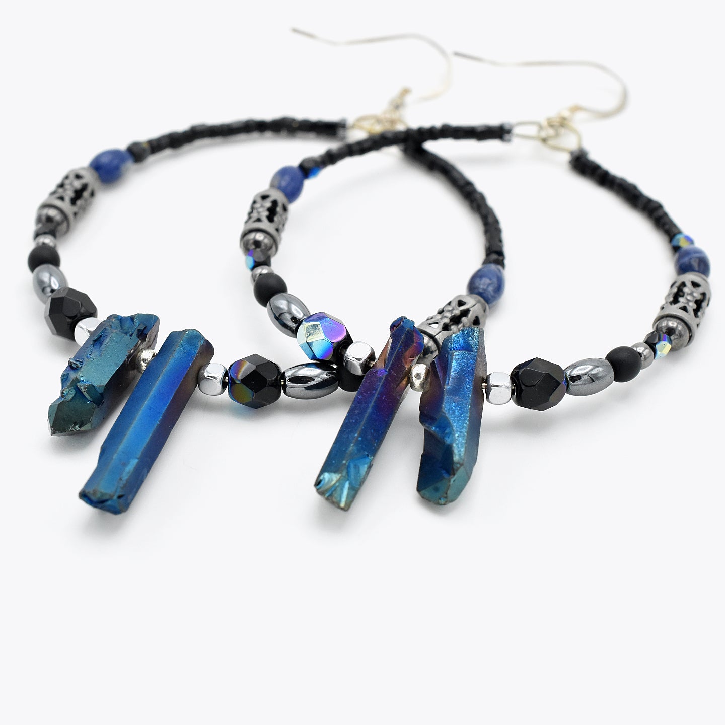Iridescence Blue Hoops – Handmade Quartz, Hemalyke & Sodalite Earrings with Sterling Silver Ear Wires