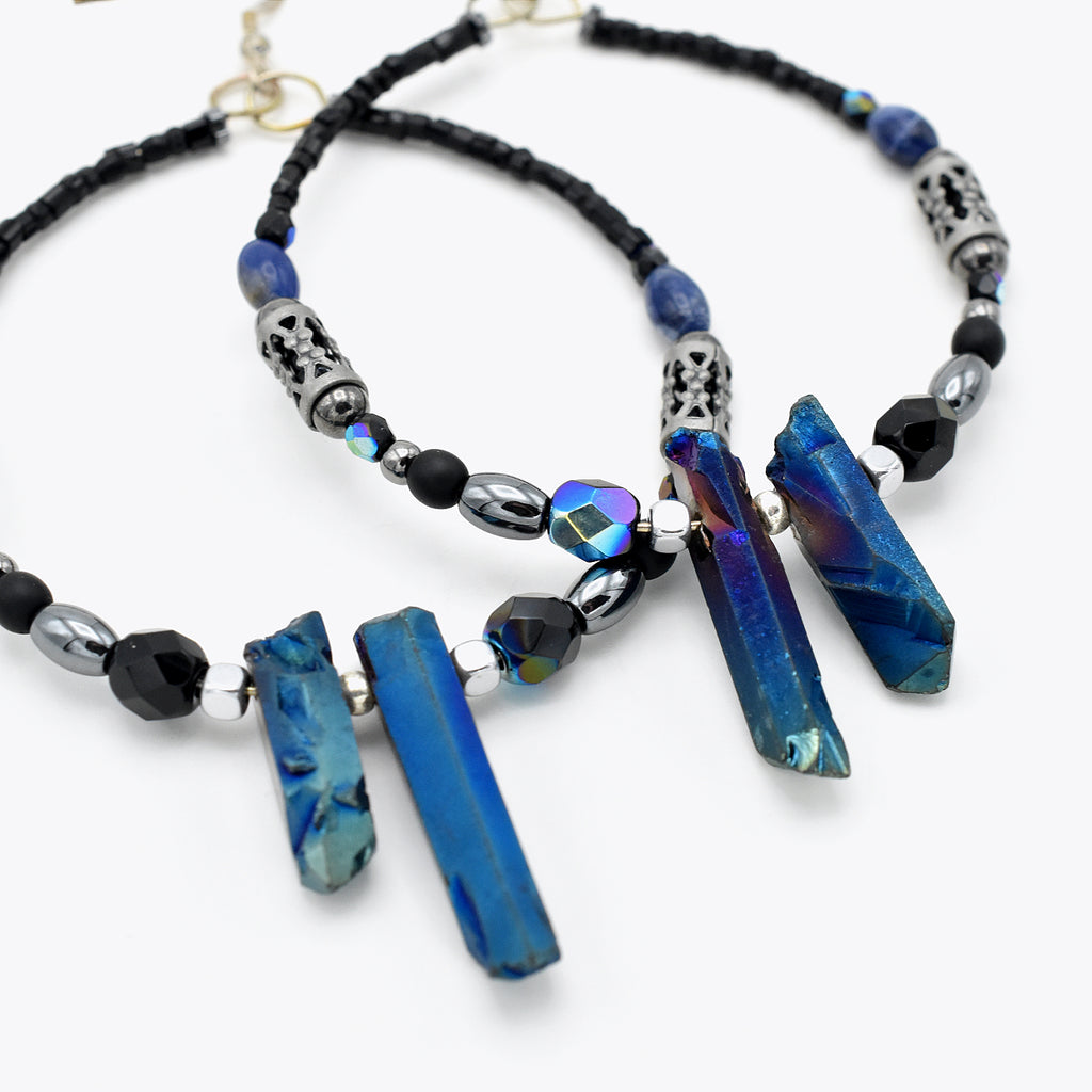 Iridescence Blue Hoops – Handmade Quartz, Hemalyke & Sodalite Earrings with Sterling Silver Ear Wires