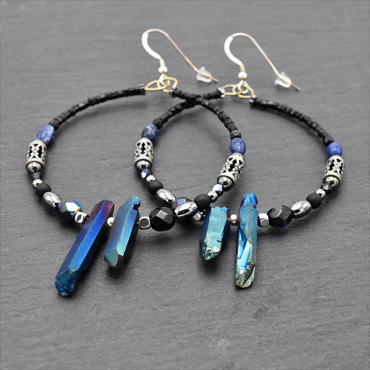 Iridescence Blue Hoops – Handmade Quartz, Hemalyke & Sodalite Earrings with Sterling Silver Ear Wires