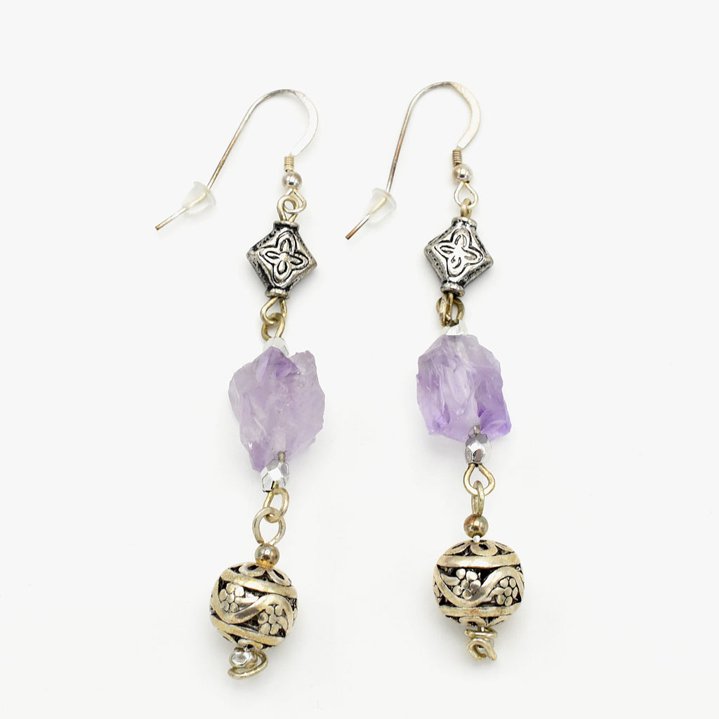Handmade Raw Amethyst Drop Earrings – Sterling Silver – One of One (3" Length)