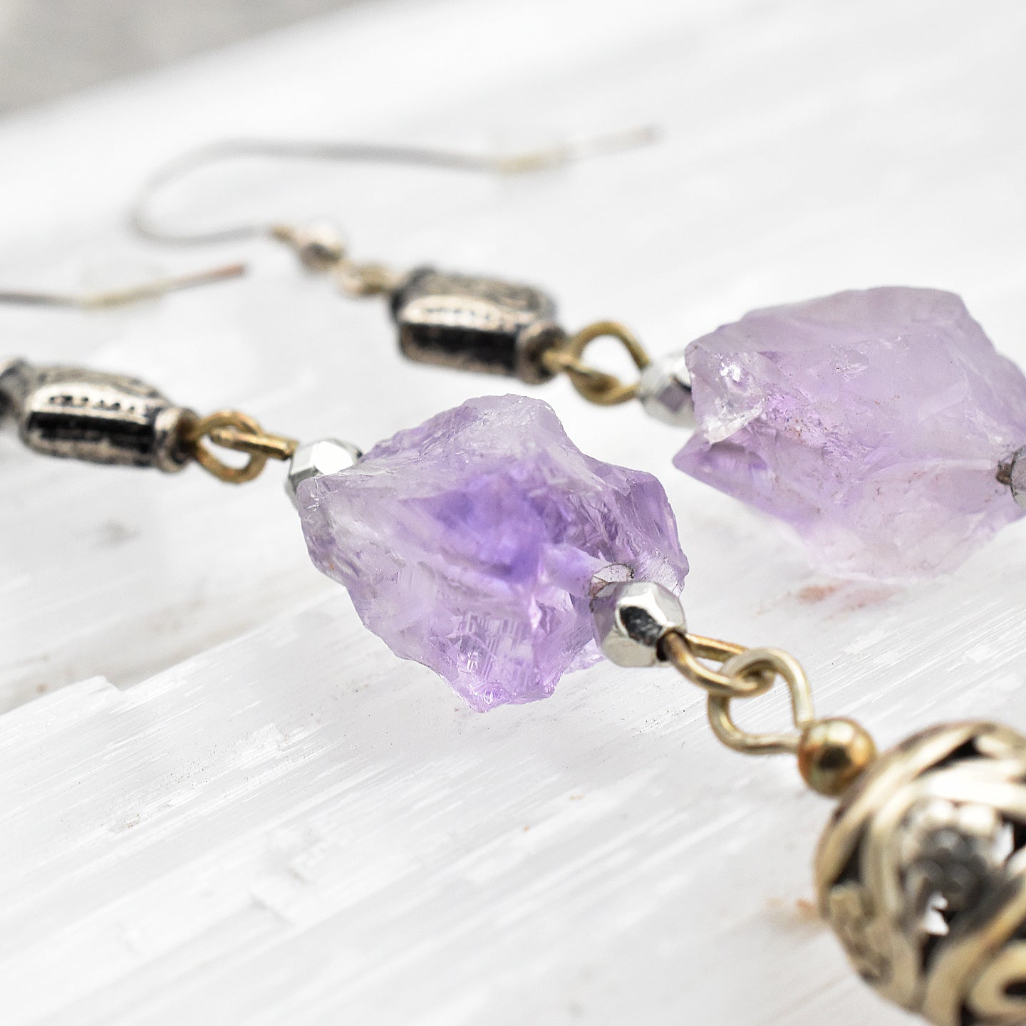 Handmade Raw Amethyst Drop Earrings – Sterling Silver – One of One (3" Length)