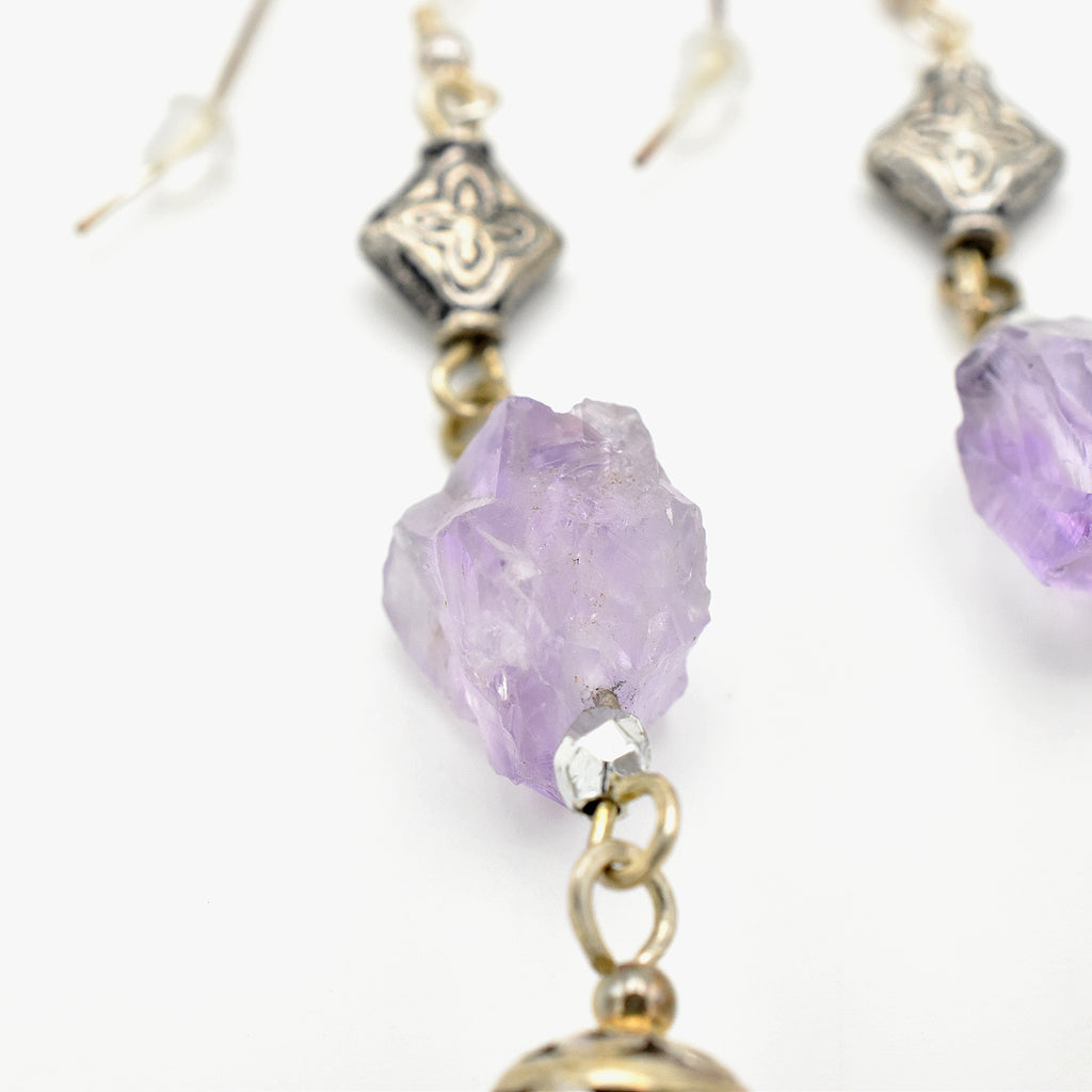 Handmade Raw Amethyst Drop Earrings – Sterling Silver – One of One (3" Length)