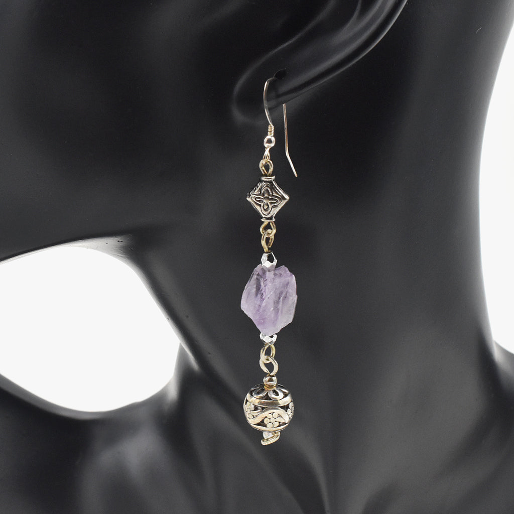 Handmade Raw Amethyst Drop Earrings – Sterling Silver – One of One (3" Length)