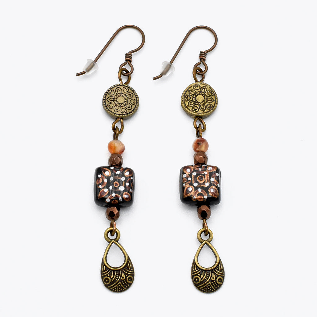 Aztec Dream Drops – Handmade Lampwork Glass & Copper Earrings with Hypoallergenic Niobium Ear Wires
