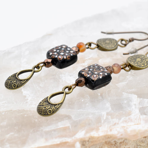 Aztec Dream Drops – Handmade Lampwork Glass & Copper Earrings with Hypoallergenic Niobium Ear Wires