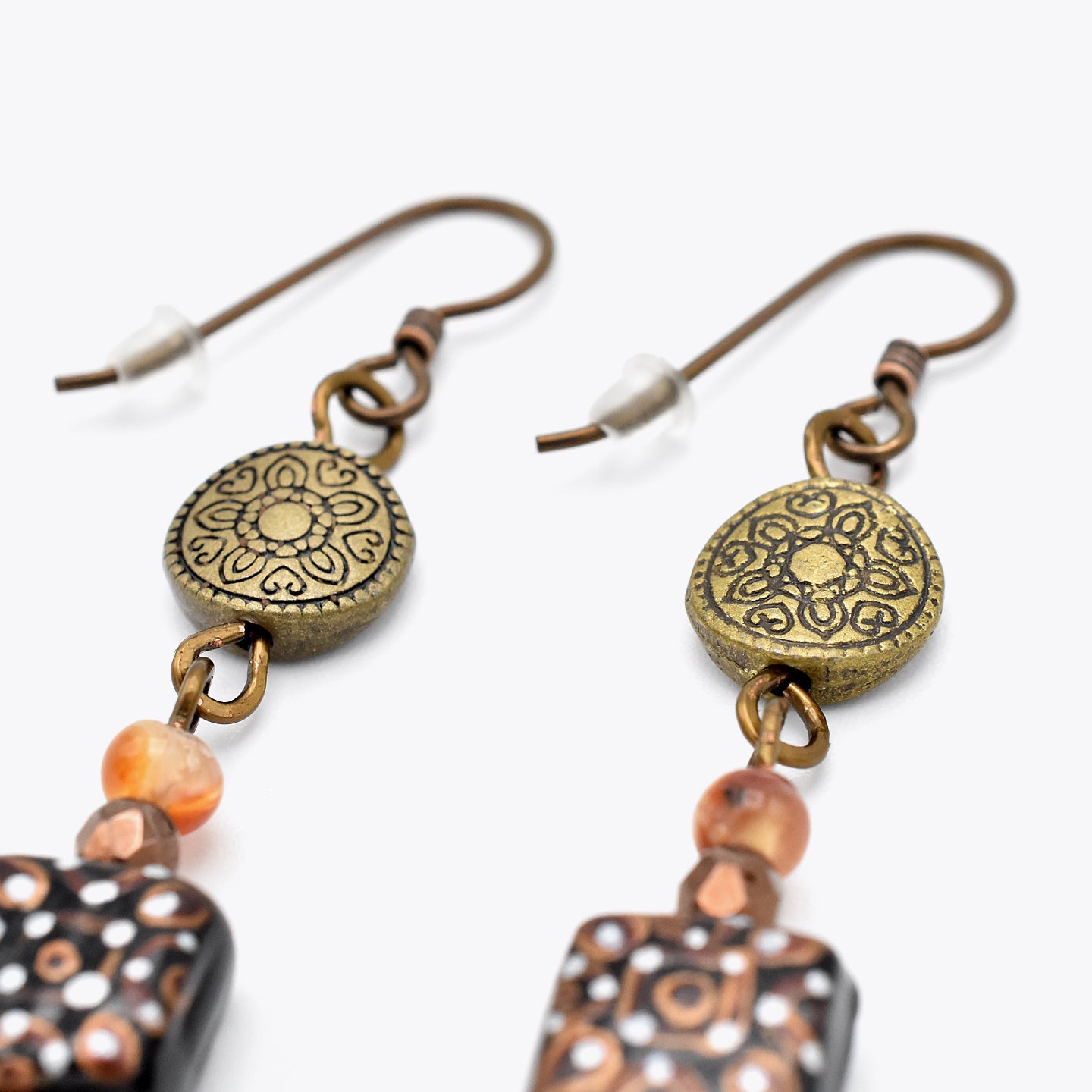 Aztec Dream Drops – Handmade Lampwork Glass & Copper Earrings with Hypoallergenic Niobium Ear Wires