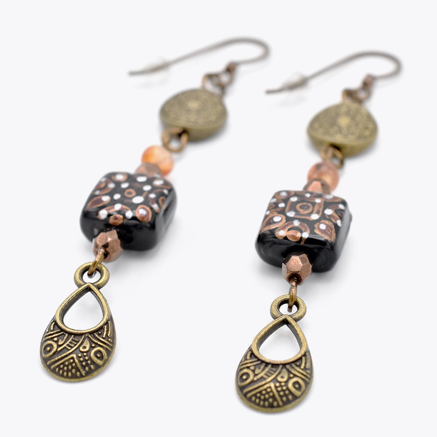 Aztec Dream Drops – Handmade Lampwork Glass & Copper Earrings with Hypoallergenic Niobium Ear Wires