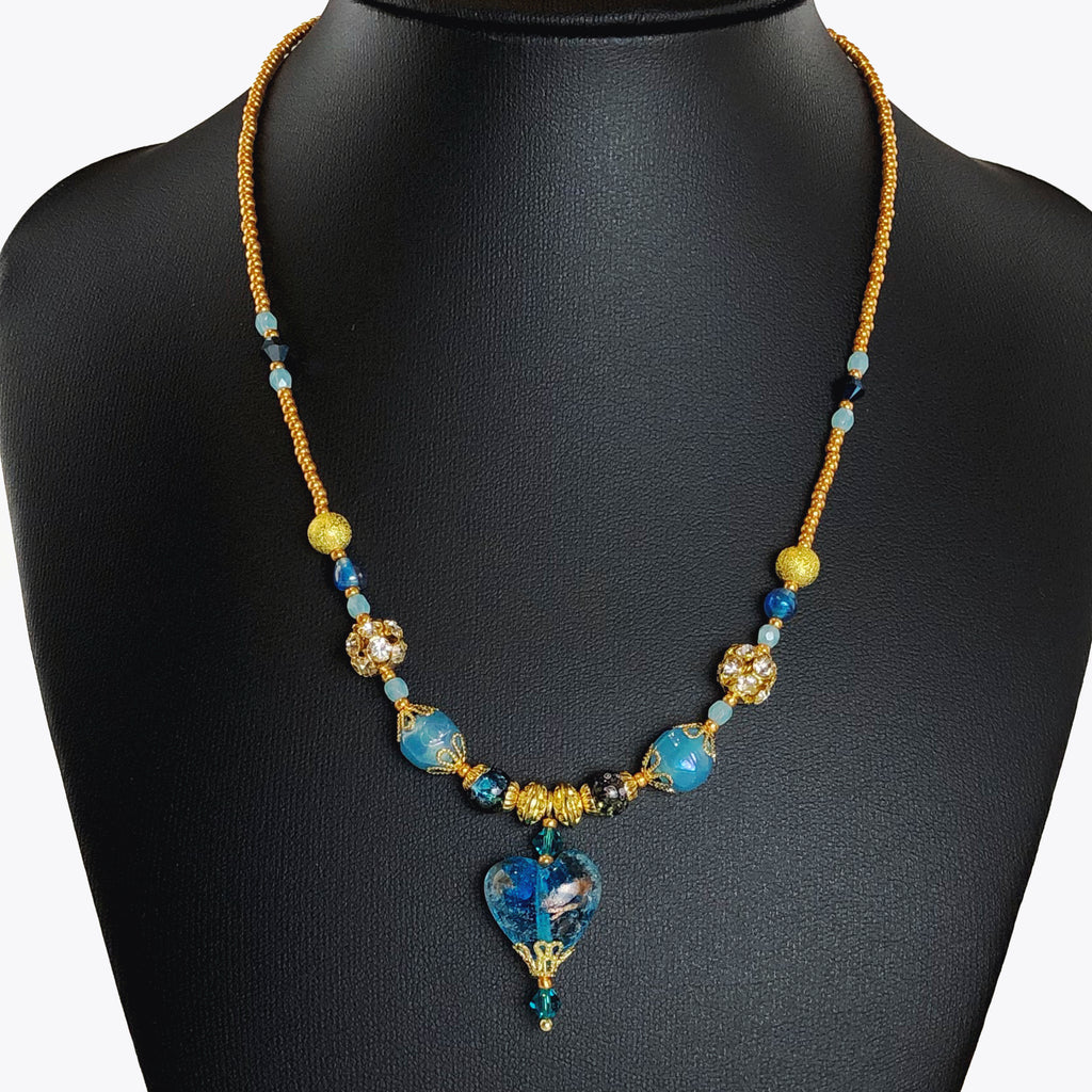 Handcrafted Blue Lampwork Glass Heart Choker Necklace with Crystals, Gold Microbeads & Filigree Accents – 15"-16"