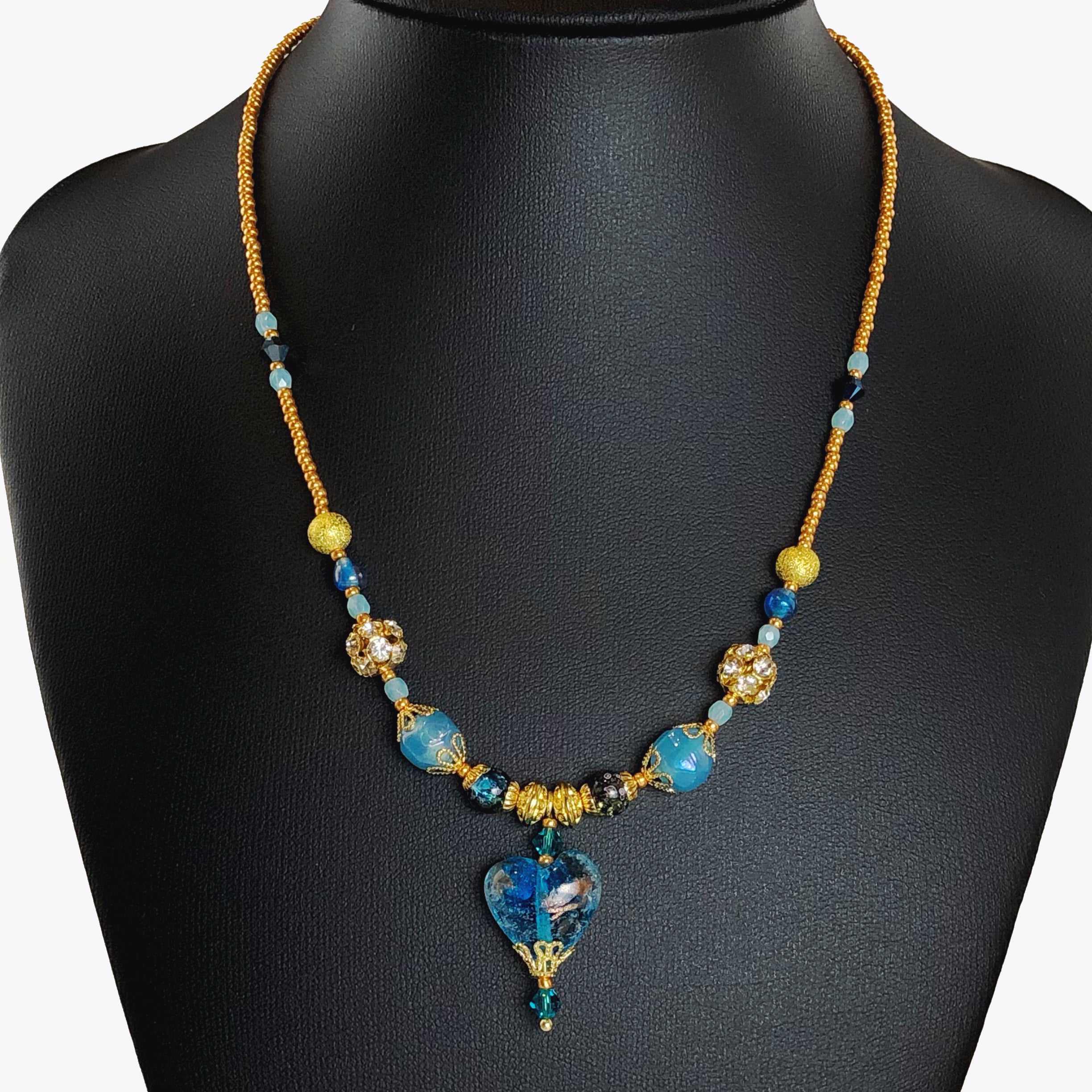 Handcrafted Blue Lampwork Glass Heart Choker Necklace with Crystals, Gold Microbeads & Filigree Accents – 15"-16"