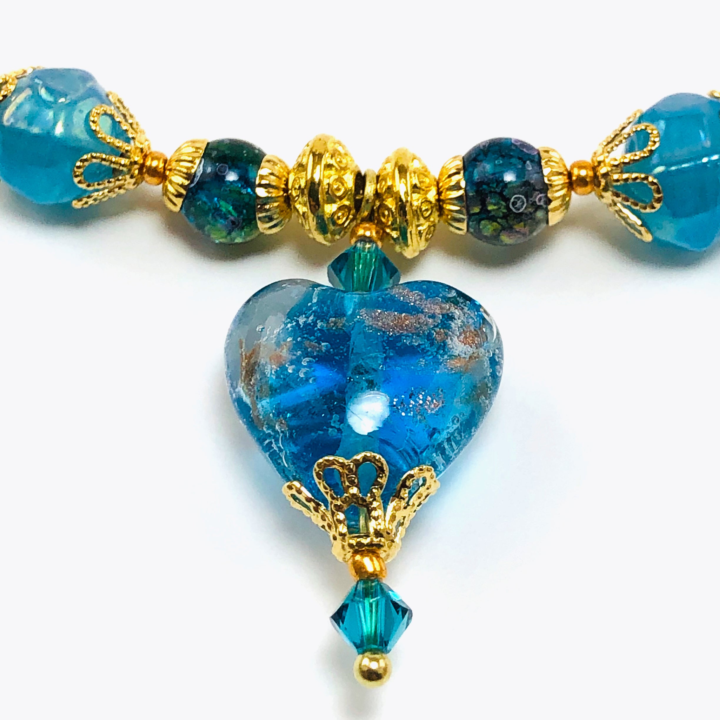 Handcrafted Blue Lampwork Glass Heart Choker Necklace with Crystals, Gold Microbeads & Filigree Accents – 15"-16"