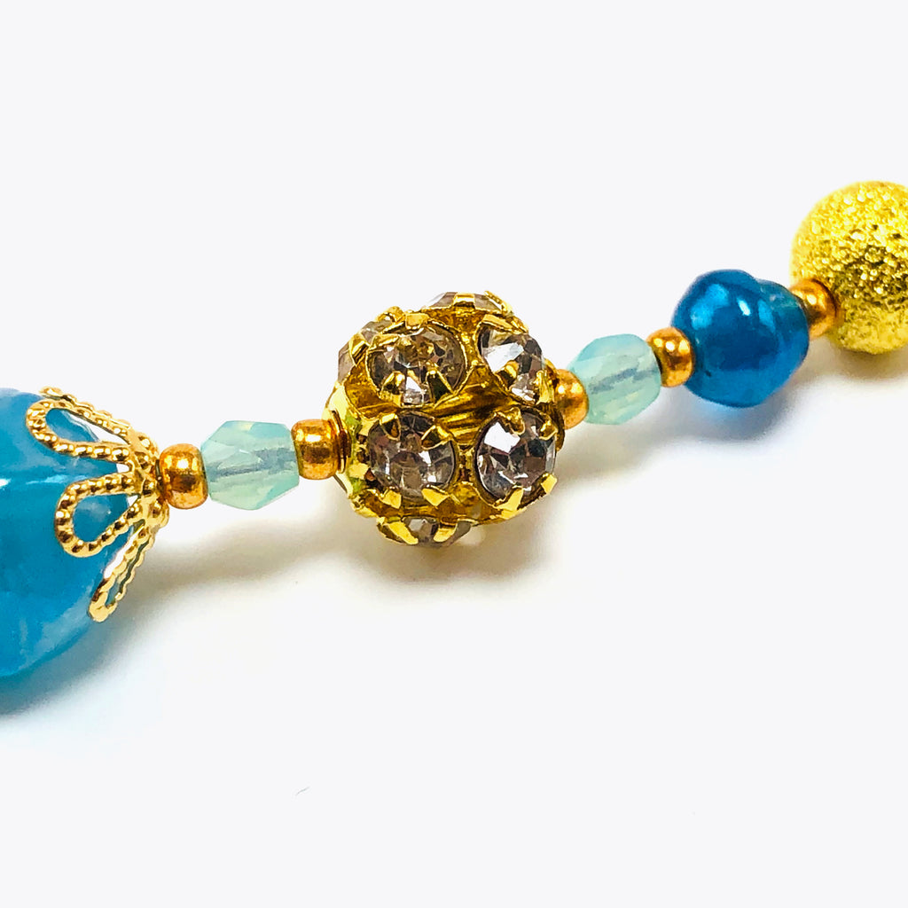Handcrafted Blue Lampwork Glass Heart Choker Necklace with Crystals, Gold Microbeads & Filigree Accents – 15"-16"