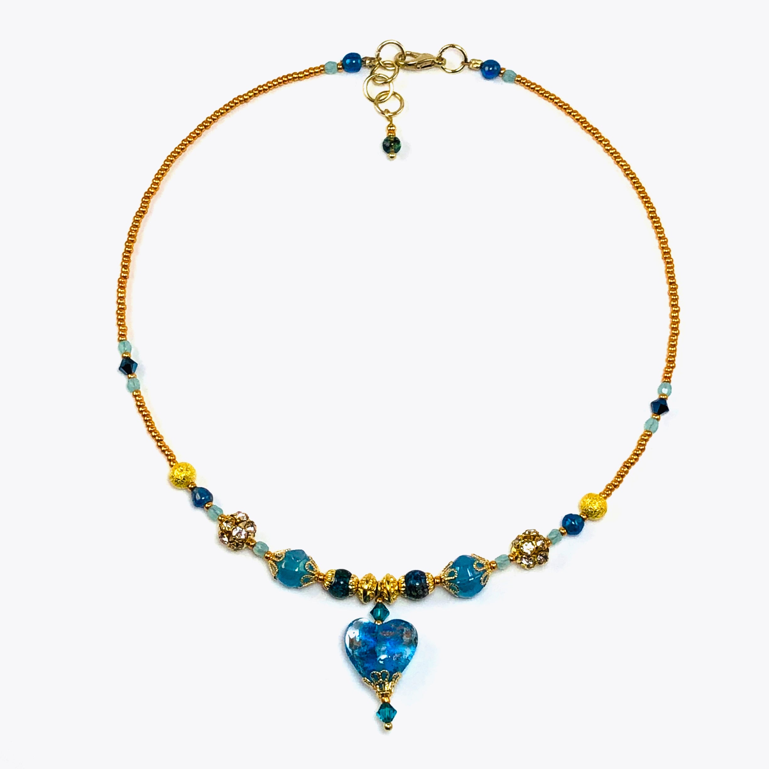 Handcrafted Blue Lampwork Glass Heart Choker Necklace with Crystals, Gold Microbeads & Filigree Accents – 15"-16"