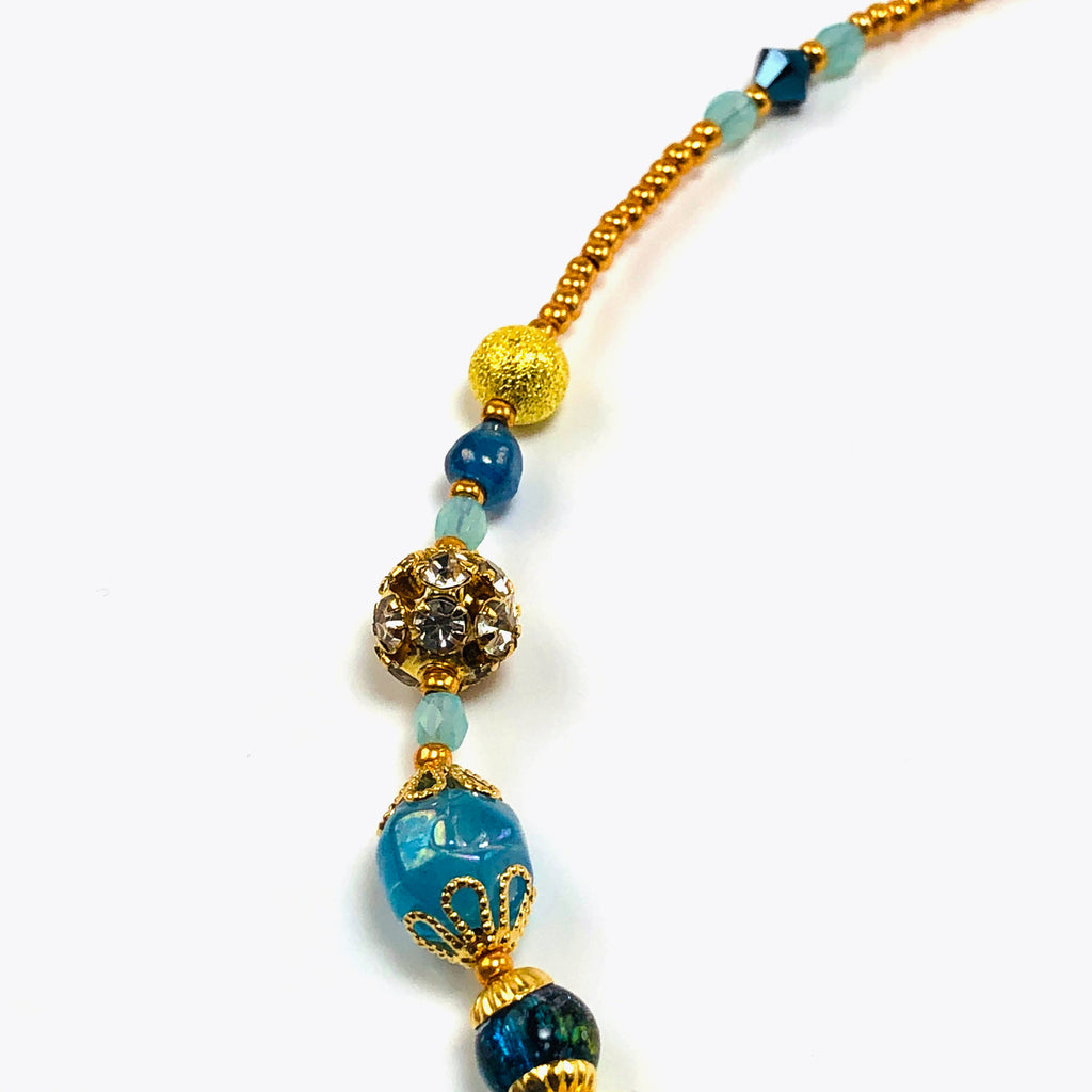 Handcrafted Blue Lampwork Glass Heart Choker Necklace with Crystals, Gold Microbeads & Filigree Accents – 15"-16"
