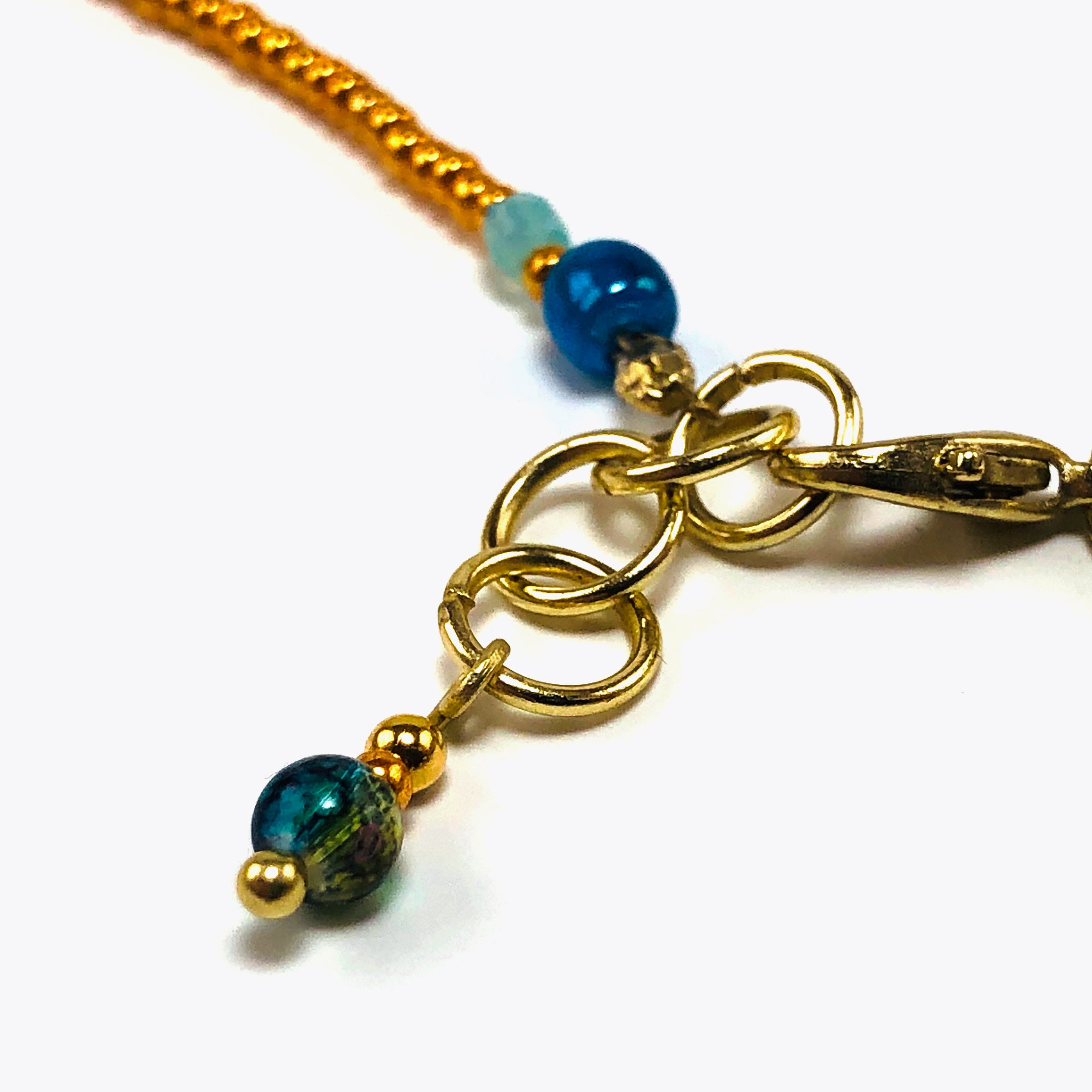 Handcrafted Blue Lampwork Glass Heart Choker Necklace with Crystals, Gold Microbeads & Filigree Accents – 15"-16"