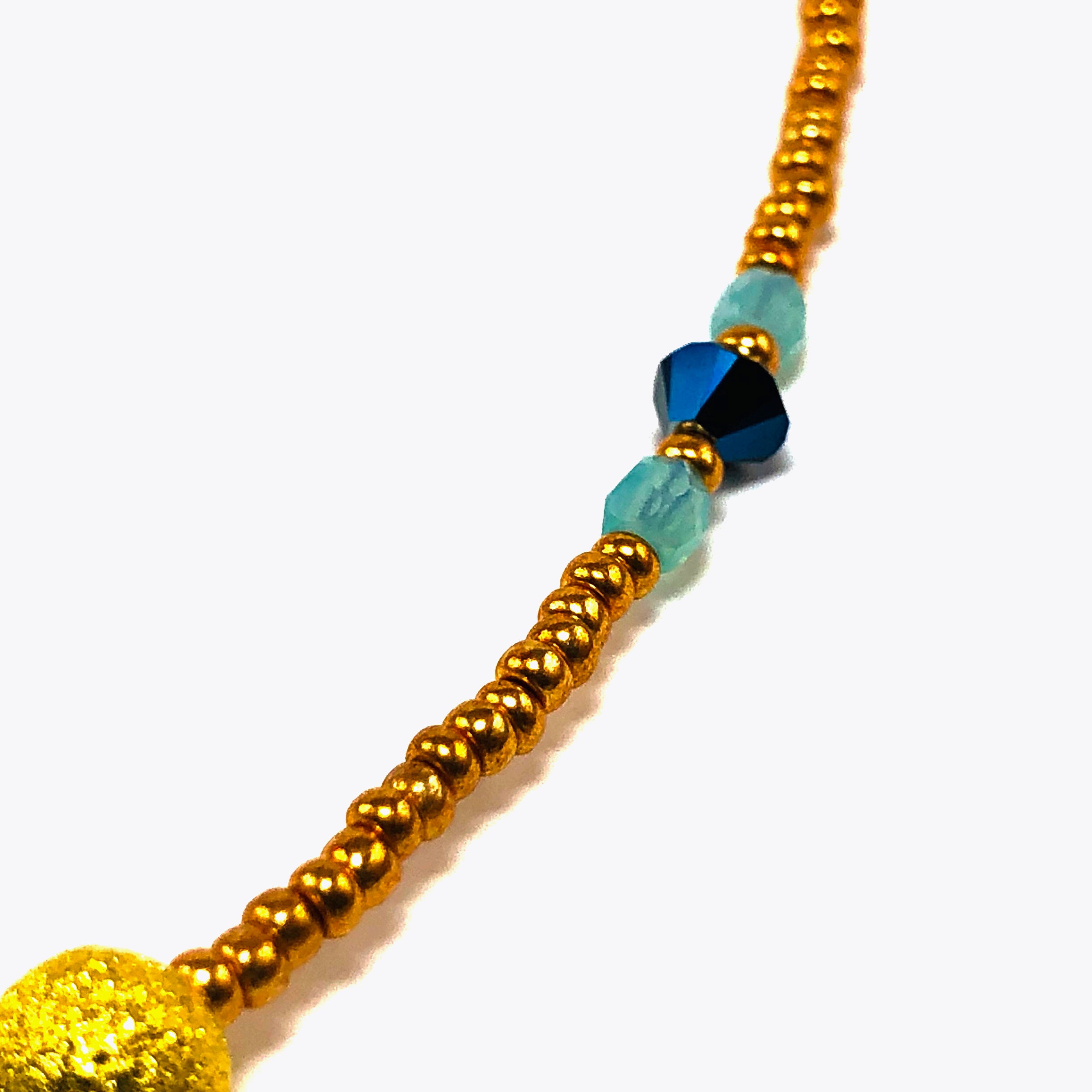 Handcrafted Blue Lampwork Glass Heart Choker Necklace with Crystals, Gold Microbeads & Filigree Accents – 15"-16"