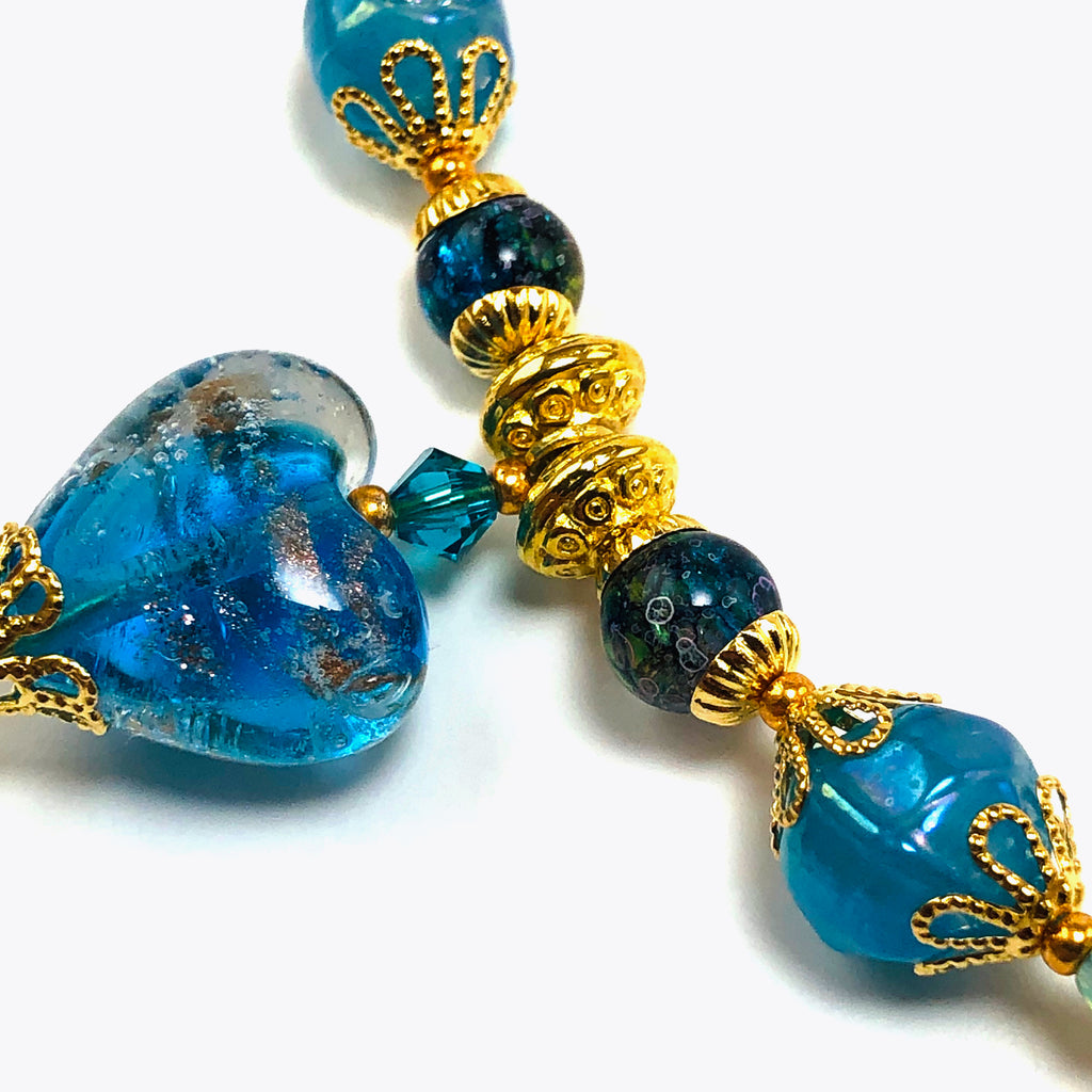 Handcrafted Blue Lampwork Glass Heart Choker Necklace with Crystals, Gold Microbeads & Filigree Accents – 15"-16"