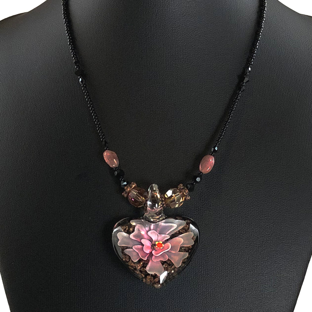Handcrafted Lampwork Glass Floral Heart Choker Necklace with Swarovski Crystals, Natural Stones & Copper Accents – 16"