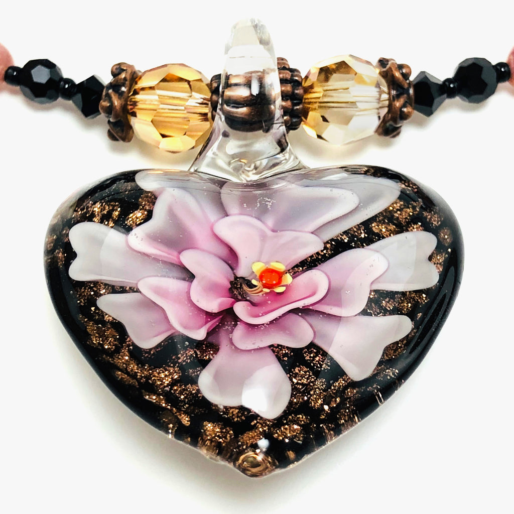Handcrafted Lampwork Glass Floral Heart Choker Necklace with Swarovski Crystals, Natural Stones & Copper Accents – 16"