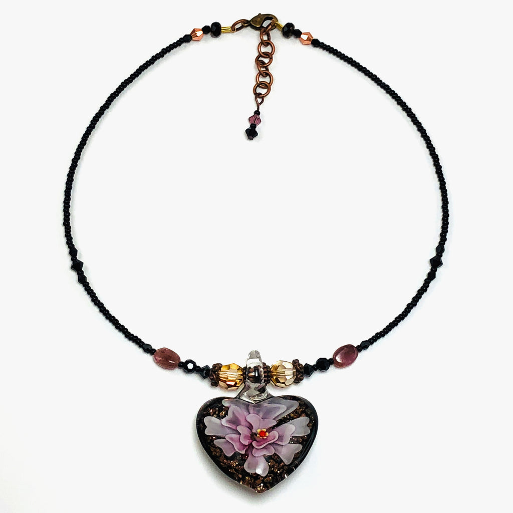 Handcrafted Lampwork Glass Floral Heart Choker Necklace with Swarovski Crystals, Natural Stones & Copper Accents – 16"