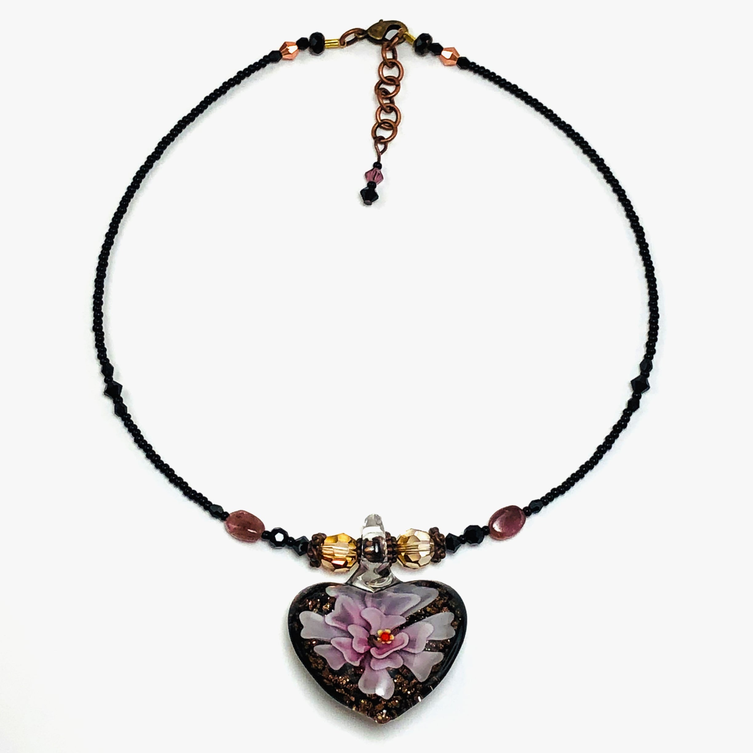 Handcrafted Lampwork Glass Floral Heart Choker Necklace with Swarovski Crystals, Natural Stones & Copper Accents – 16"