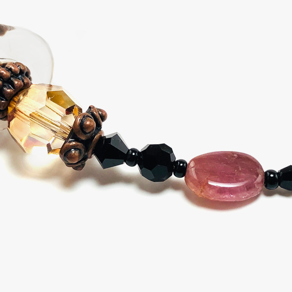 Handcrafted Lampwork Glass Floral Heart Choker Necklace with Swarovski Crystals, Natural Stones & Copper Accents – 16"