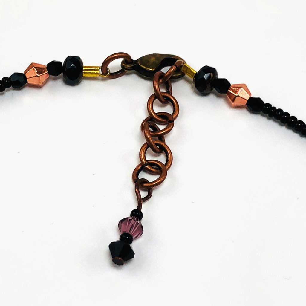 Handcrafted Lampwork Glass Floral Heart Choker Necklace with Swarovski Crystals, Natural Stones & Copper Accents – 16"