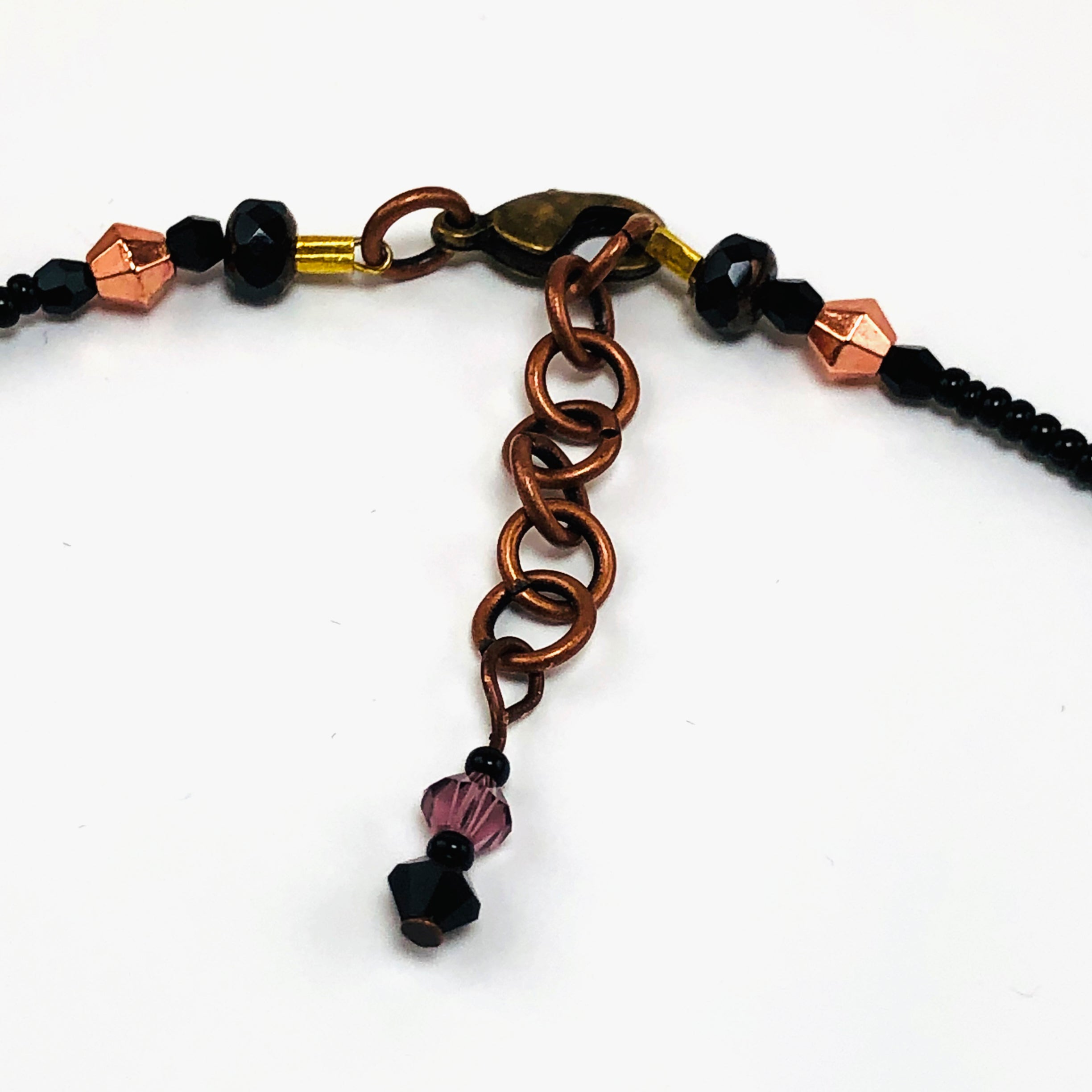 Handcrafted Lampwork Glass Floral Heart Choker Necklace with Swarovski Crystals, Natural Stones & Copper Accents – 16"