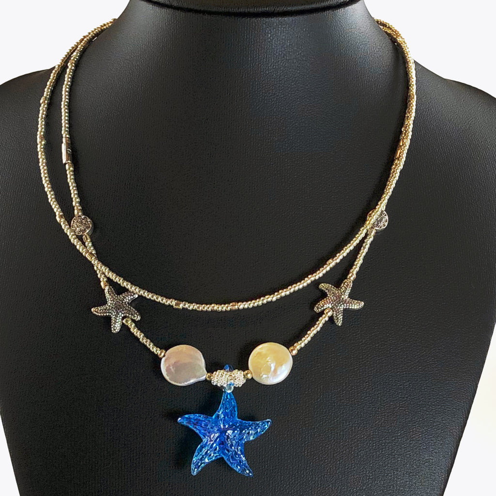 Handcrafted Double-Strand Blue Glass Starfish Choker Necklace with Cultured Coin Pearls, Pewter Accents & Microbeads – 16"
