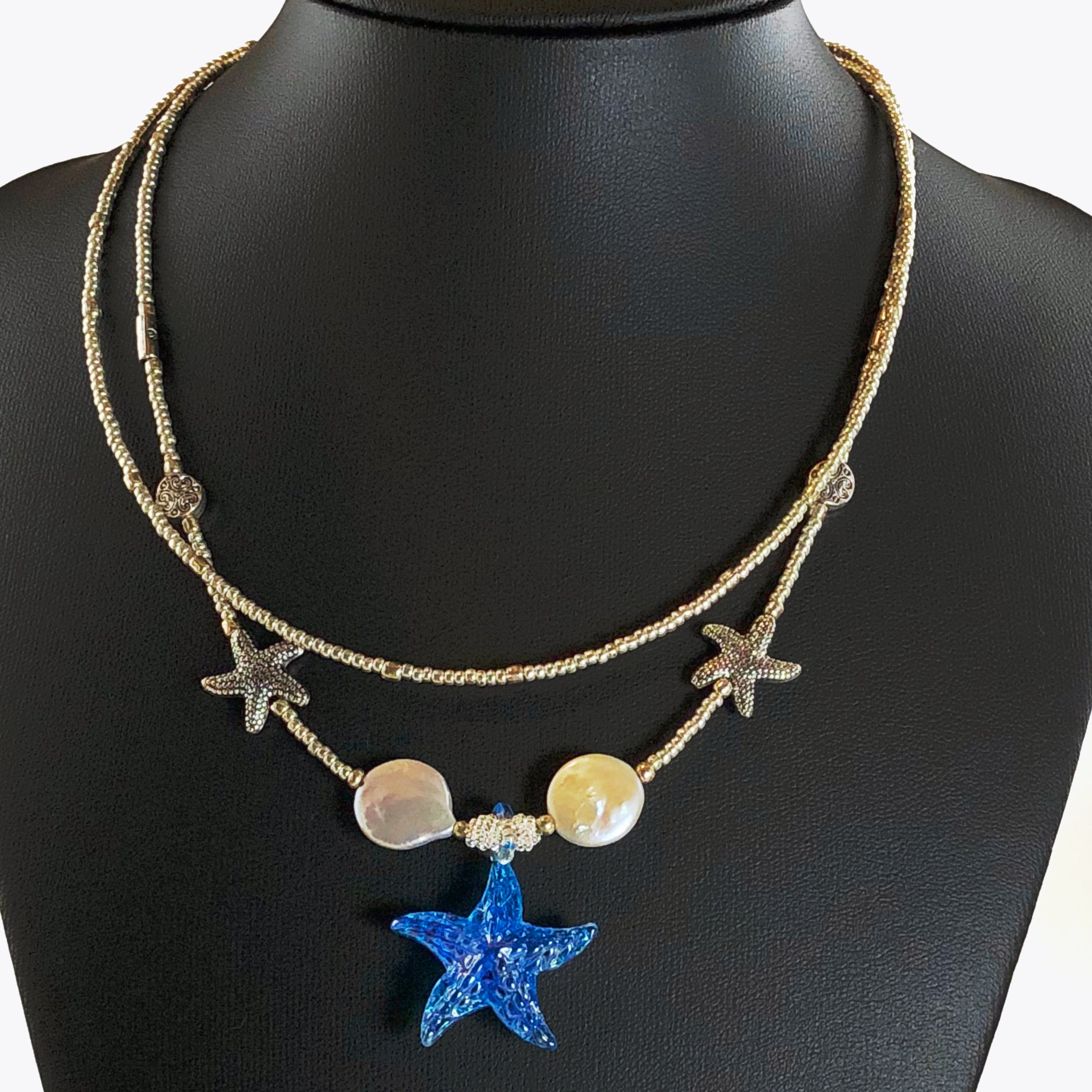 Handcrafted Double-Strand Blue Glass Starfish Choker Necklace with Cultured Coin Pearls, Pewter Accents & Microbeads – 16"