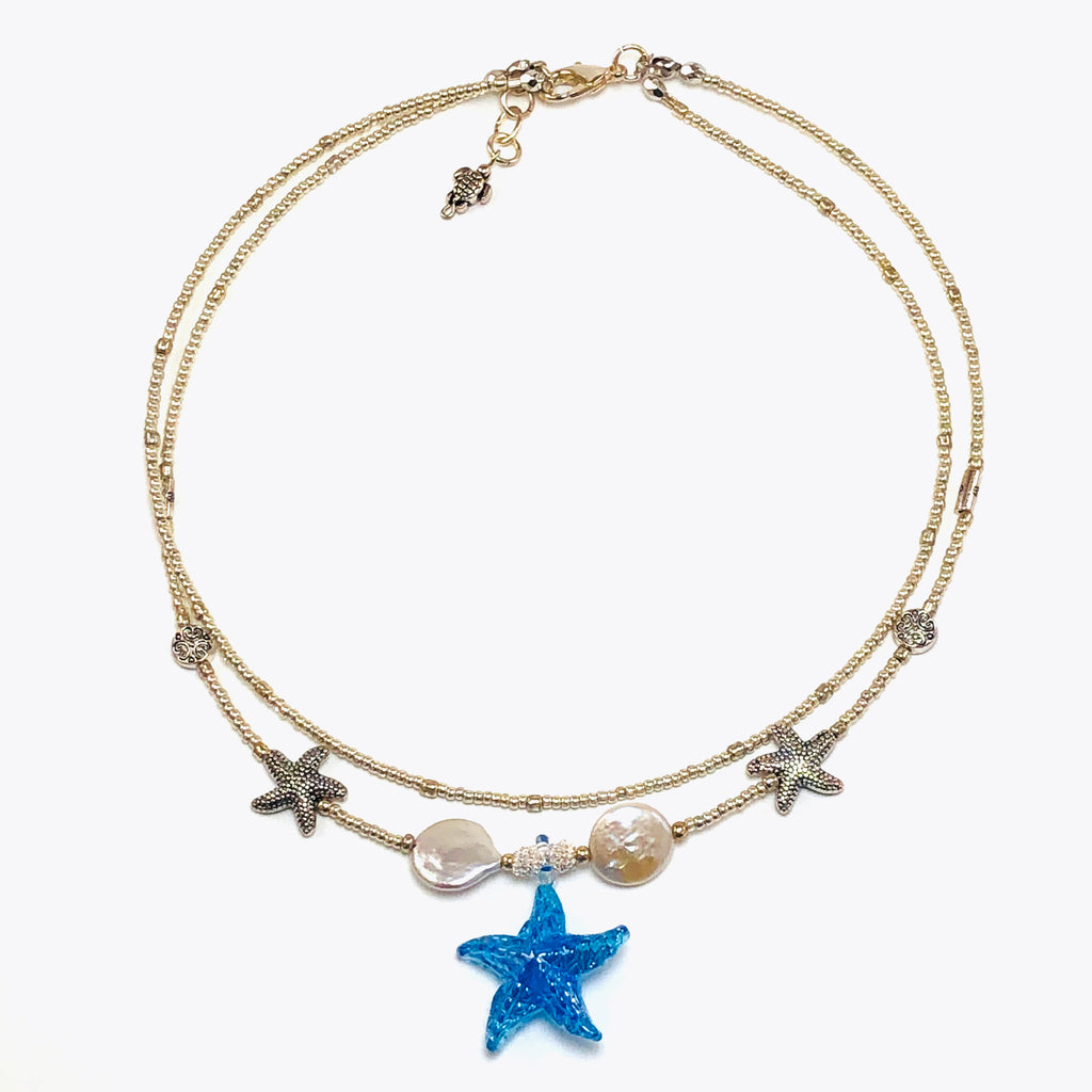 Handcrafted Double-Strand Blue Glass Starfish Choker Necklace with Cultured Coin Pearls, Pewter Accents & Microbeads – 16"