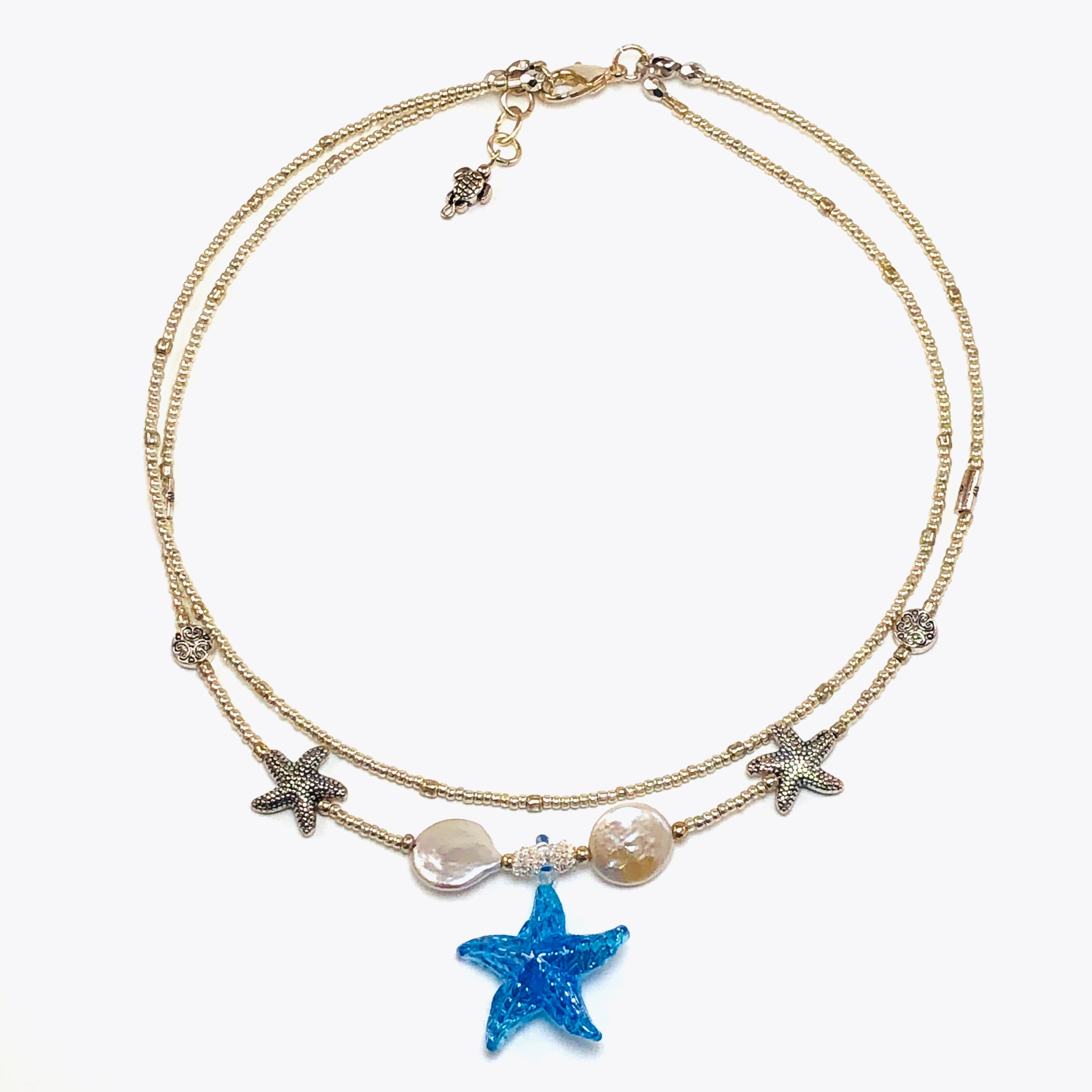 Handcrafted Double-Strand Blue Glass Starfish Choker Necklace with Cultured Coin Pearls, Pewter Accents & Microbeads – 16"