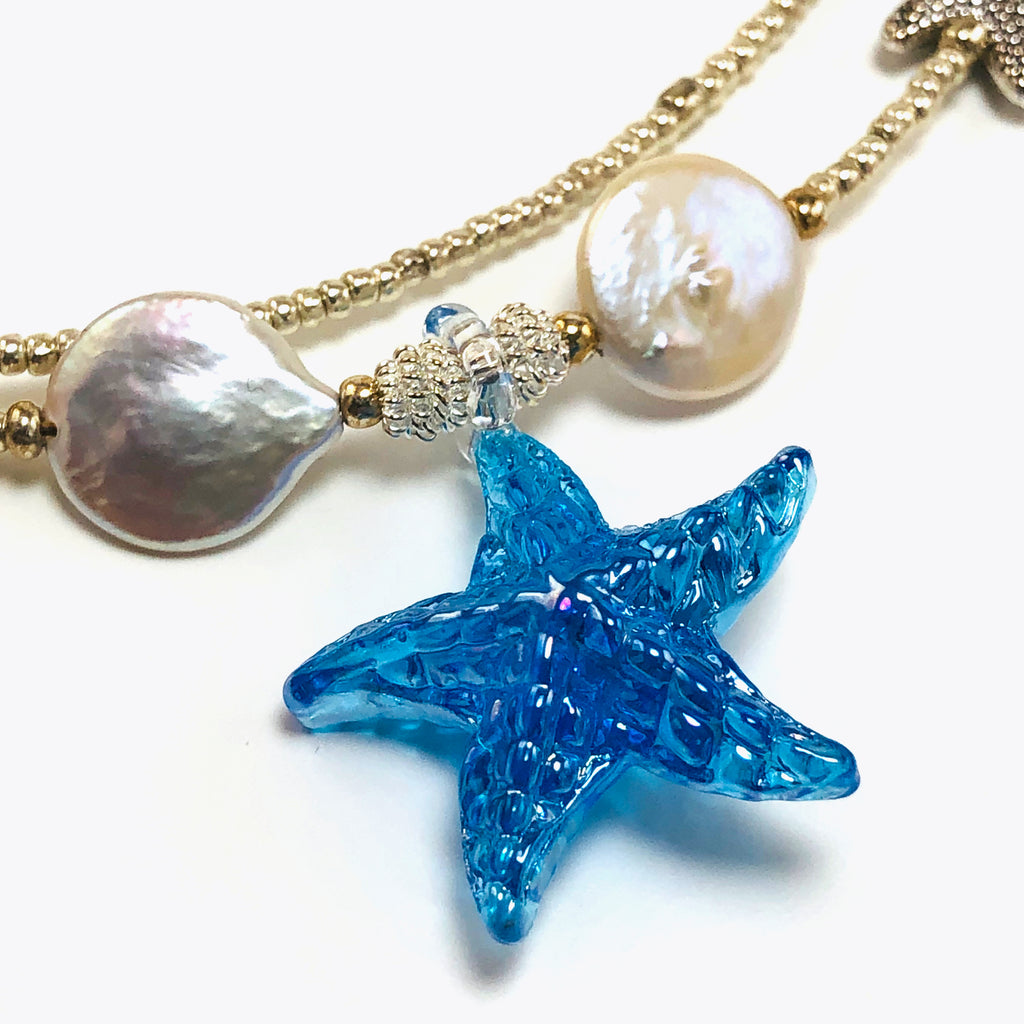 Handcrafted Double-Strand Blue Glass Starfish Choker Necklace with Cultured Coin Pearls, Pewter Accents & Microbeads – 16"