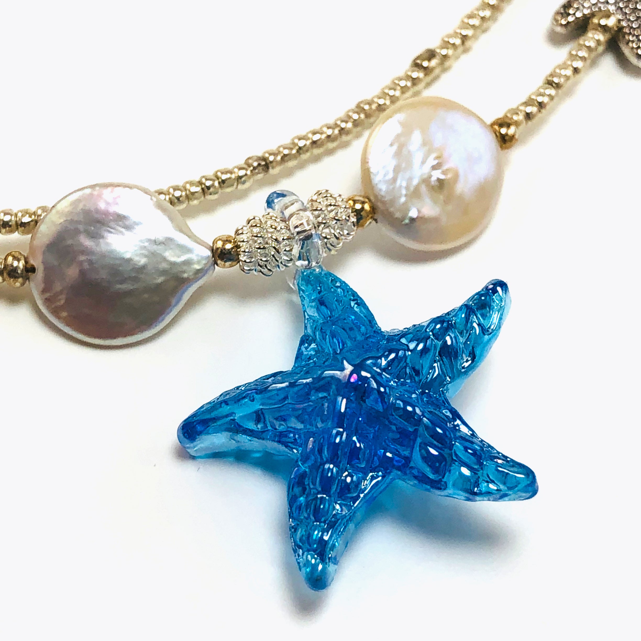 Handcrafted Double-Strand Blue Glass Starfish Choker Necklace with Cultured Coin Pearls, Pewter Accents & Microbeads – 16"