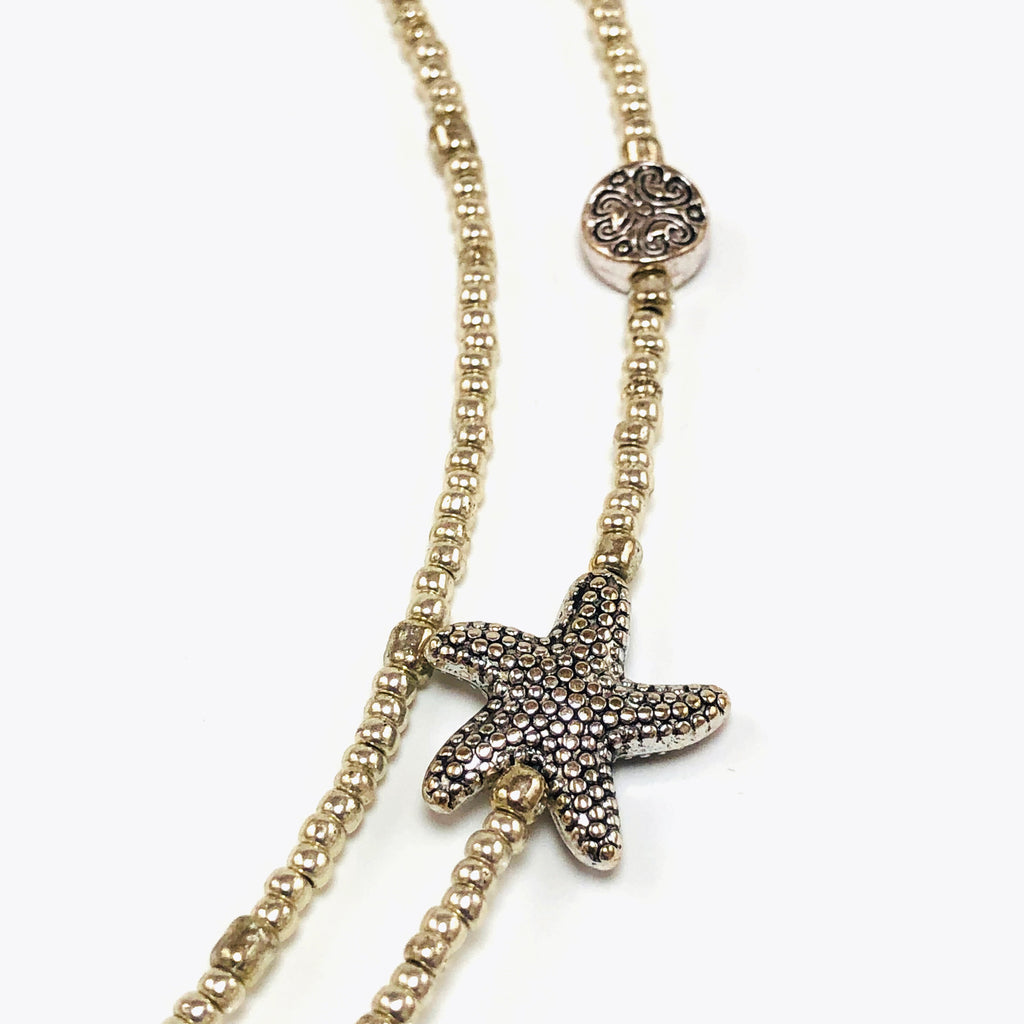 Handcrafted Double-Strand Blue Glass Starfish Choker Necklace with Cultured Coin Pearls, Pewter Accents & Microbeads – 16"