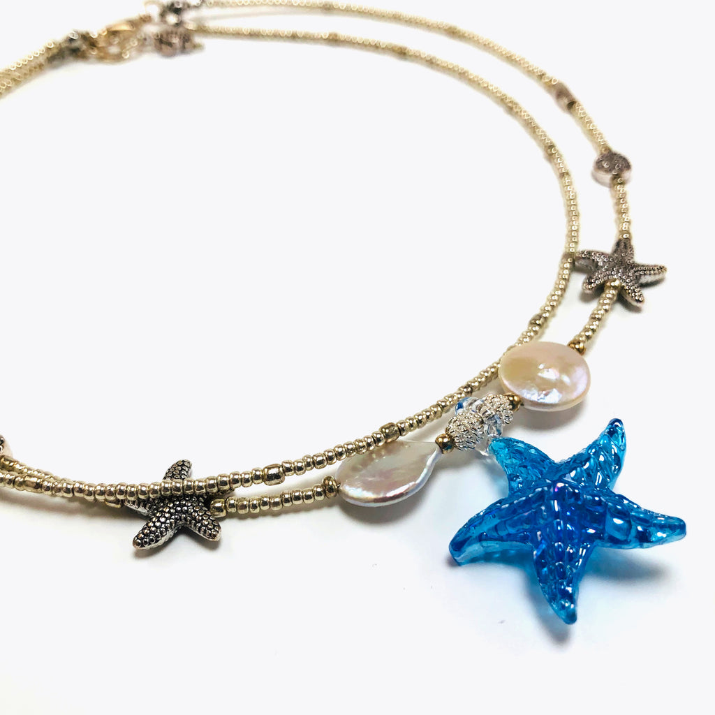 Handcrafted Double-Strand Blue Glass Starfish Choker Necklace with Cultured Coin Pearls, Pewter Accents & Microbeads – 16"