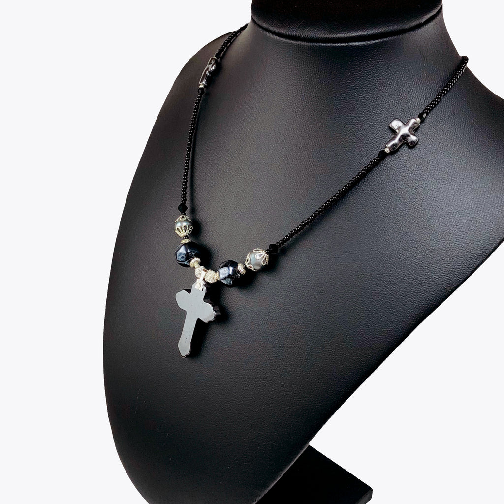 Handcrafted Hemalyke Cross Choker Necklace with Cultured Pearls, Czech Crystals & Microbeads – 15.5"