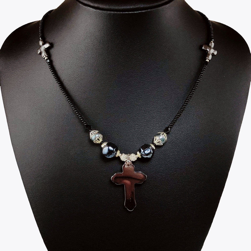 Handcrafted Hemalyke Cross Choker Necklace with Cultured Pearls, Czech Crystals & Microbeads – 15.5"