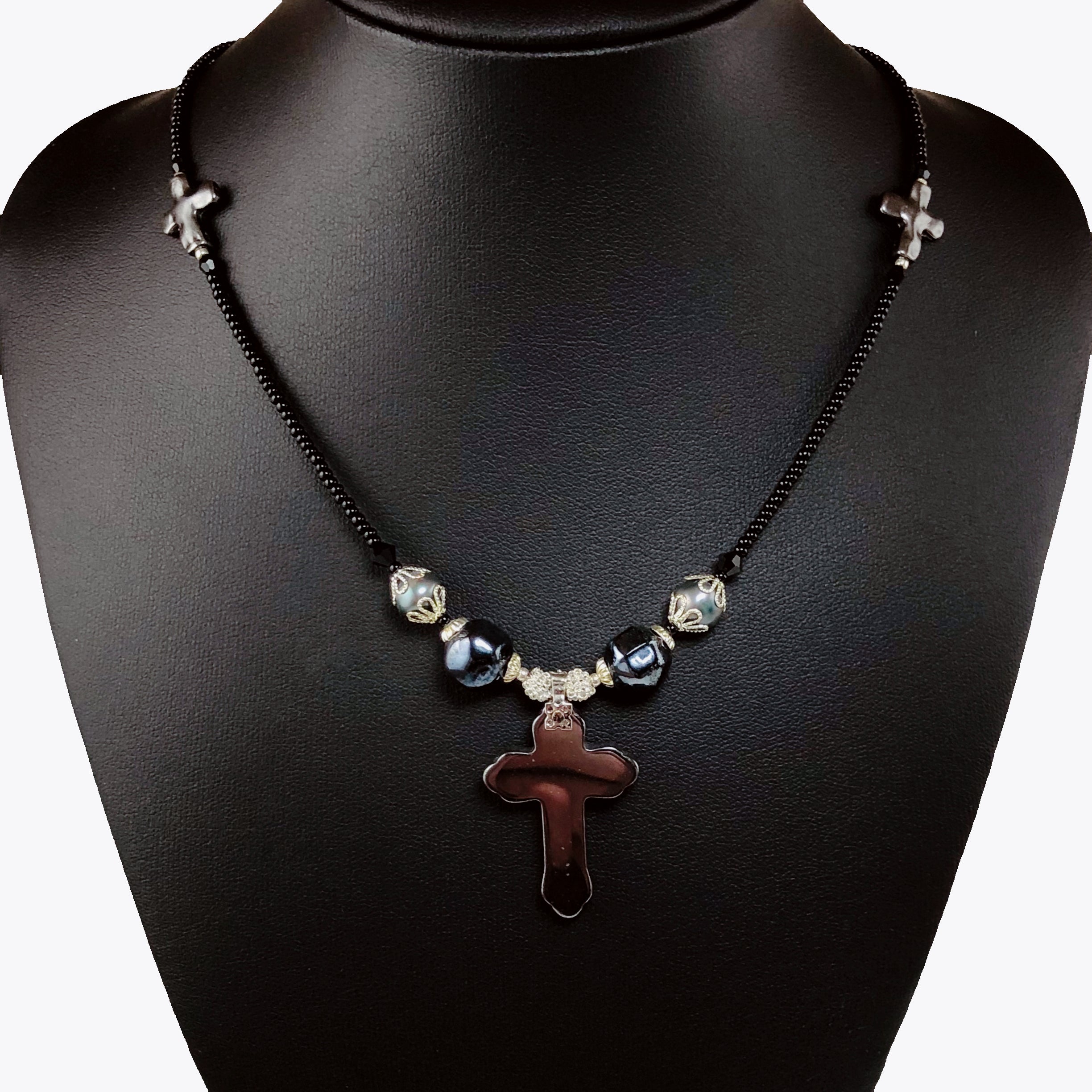 Handcrafted Hemalyke Cross Choker Necklace with Cultured Pearls, Czech Crystals & Microbeads – 15.5"