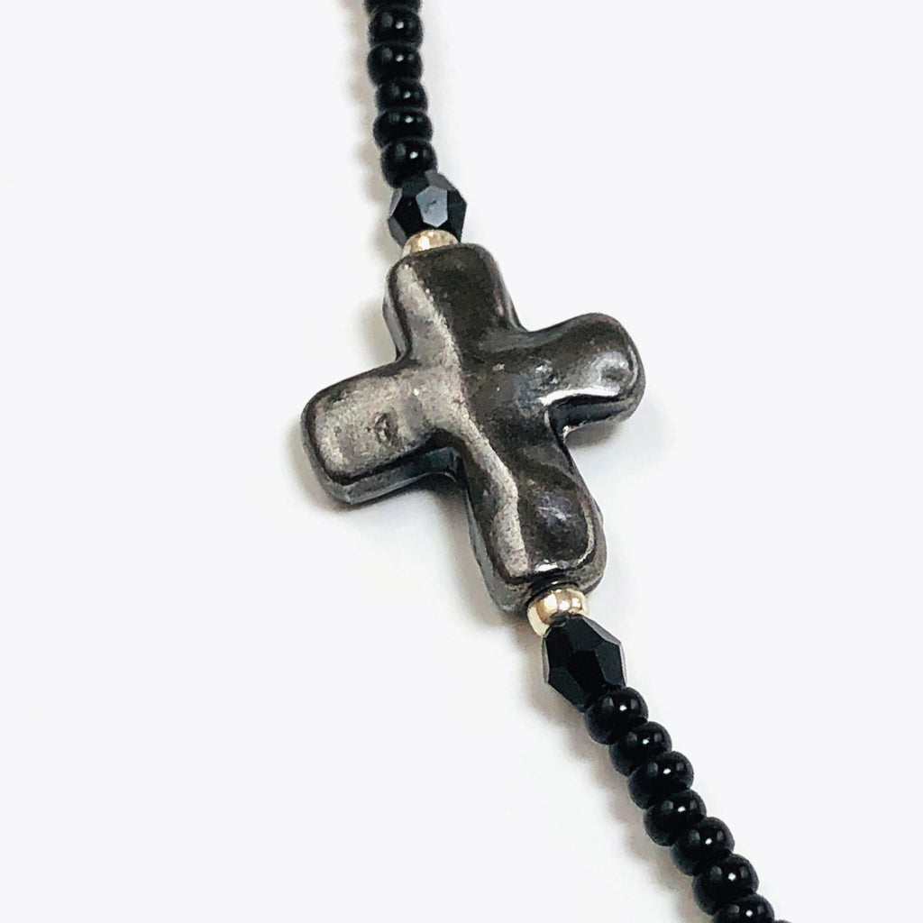 Handcrafted Hemalyke Cross Choker Necklace with Cultured Pearls, Czech Crystals & Microbeads – 15.5"