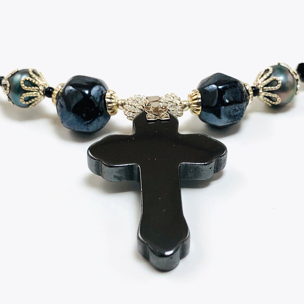 Handcrafted Hemalyke Cross Choker Necklace with Cultured Pearls, Czech Crystals & Microbeads – 15.5"