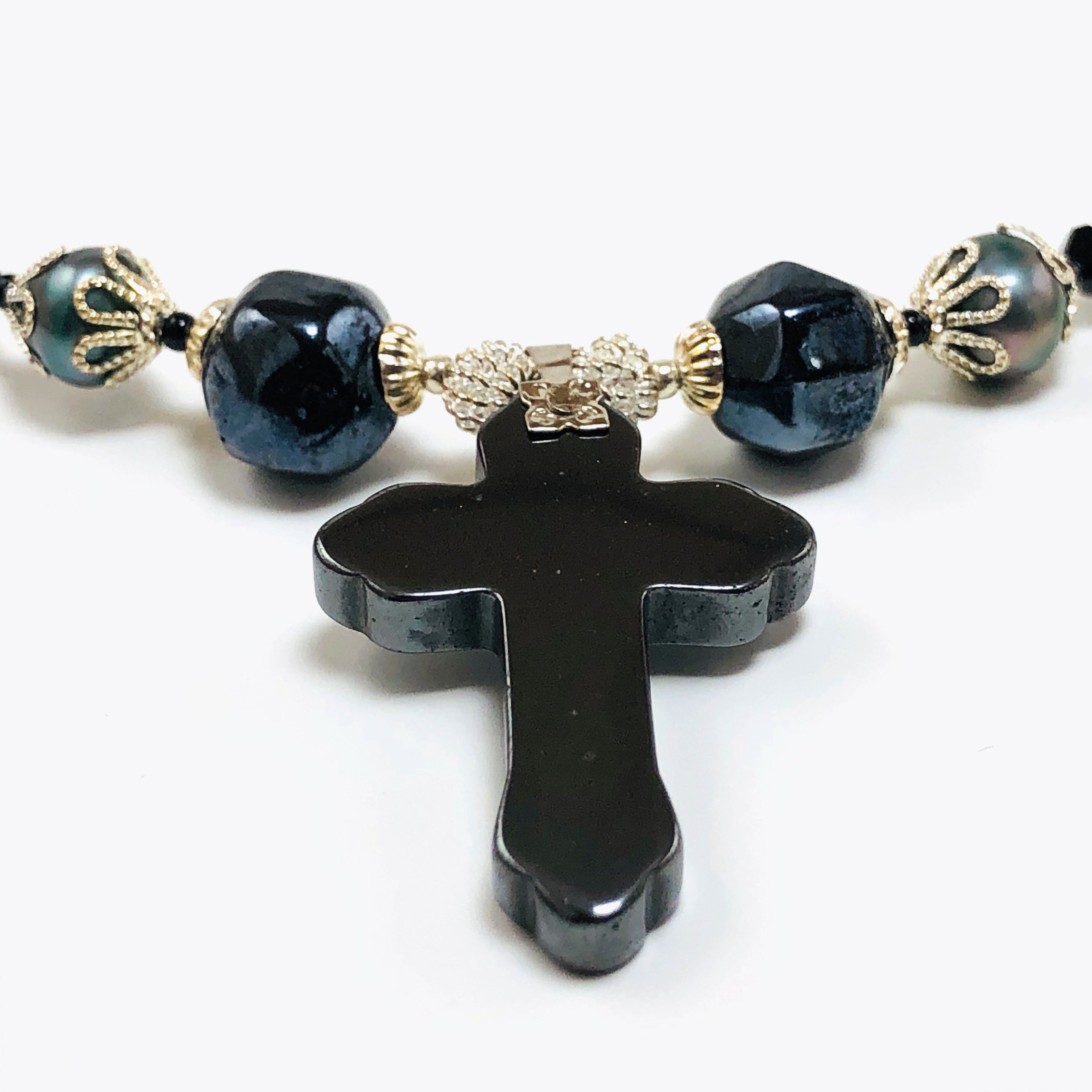 Handcrafted Hemalyke Cross Choker Necklace with Cultured Pearls, Czech Crystals & Microbeads – 15.5"
