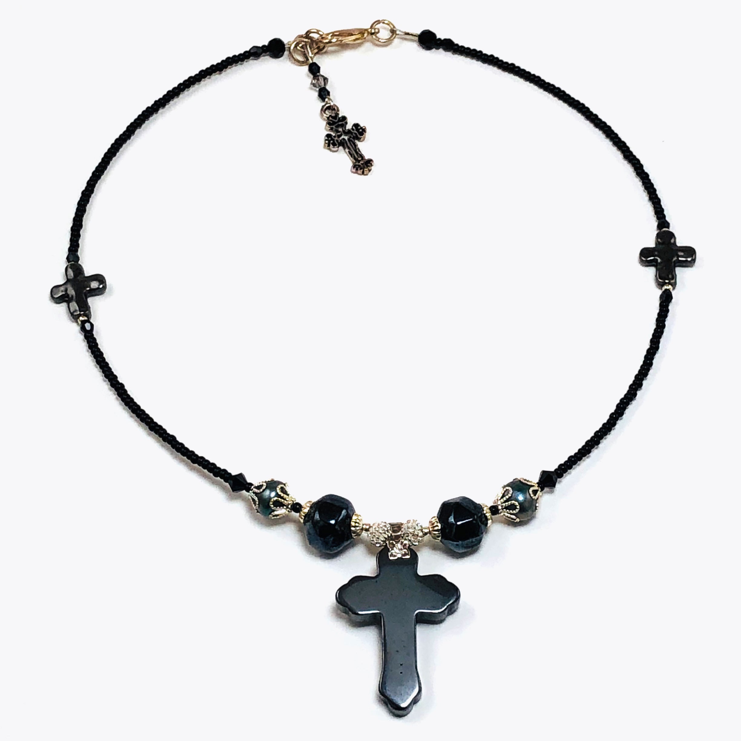 Handcrafted Hemalyke Cross Choker Necklace with Cultured Pearls, Czech Crystals & Microbeads – 15.5"