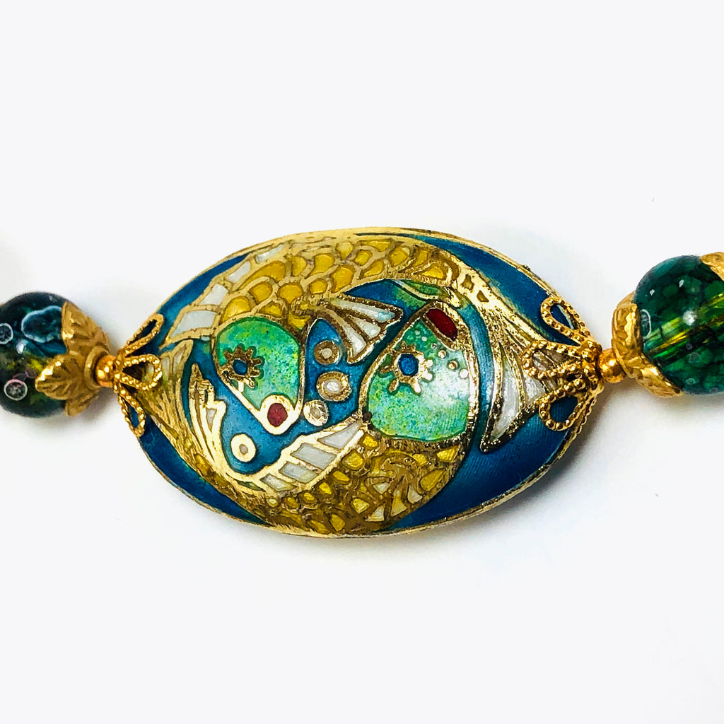 Handcrafted Cloisonné Enamel Fish Focal Choker Necklace with Magnesite, African Aventurine & Cultured Pearls – 16"