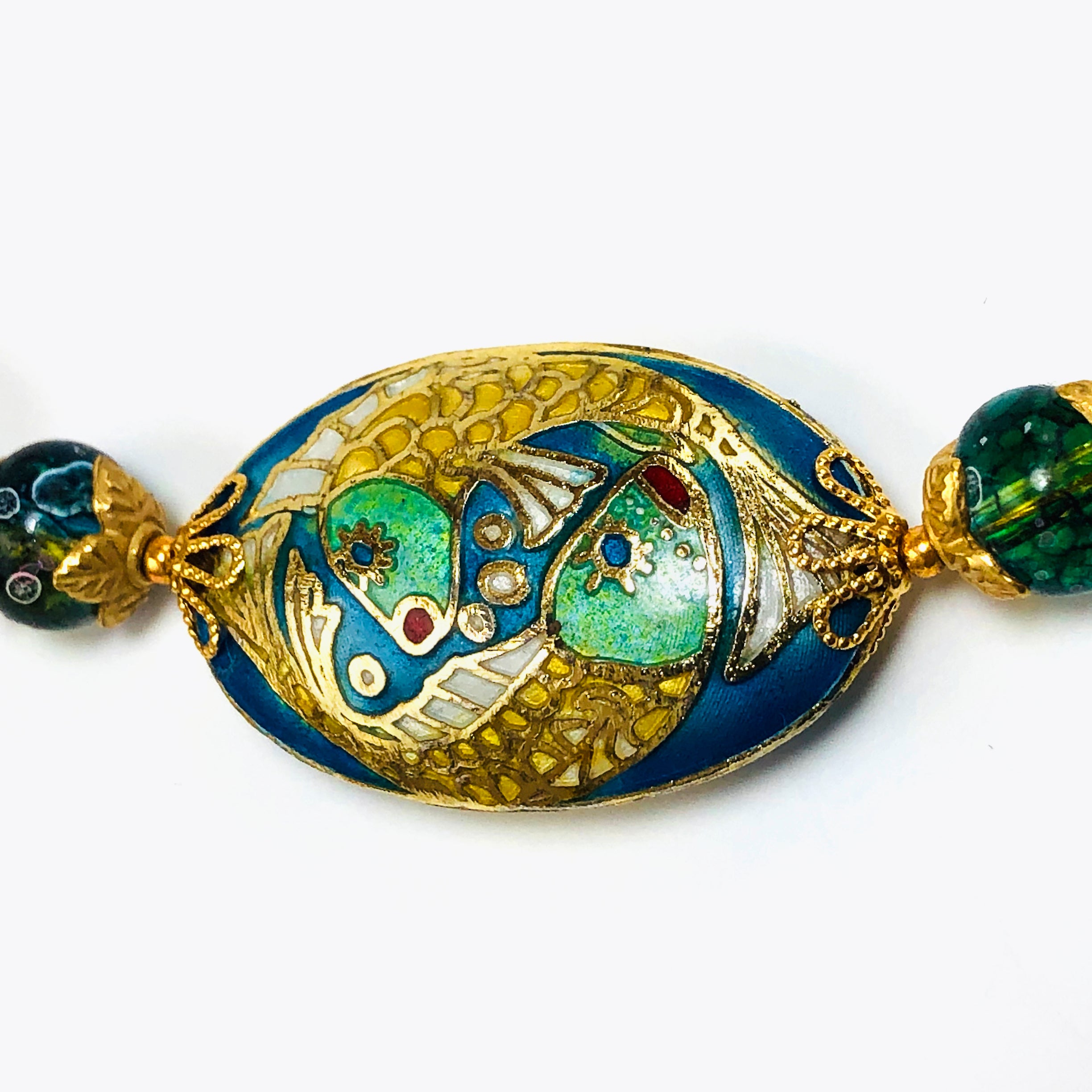 Handcrafted Cloisonné Enamel Fish Focal Choker Necklace with Magnesite, African Aventurine & Cultured Pearls – 16"