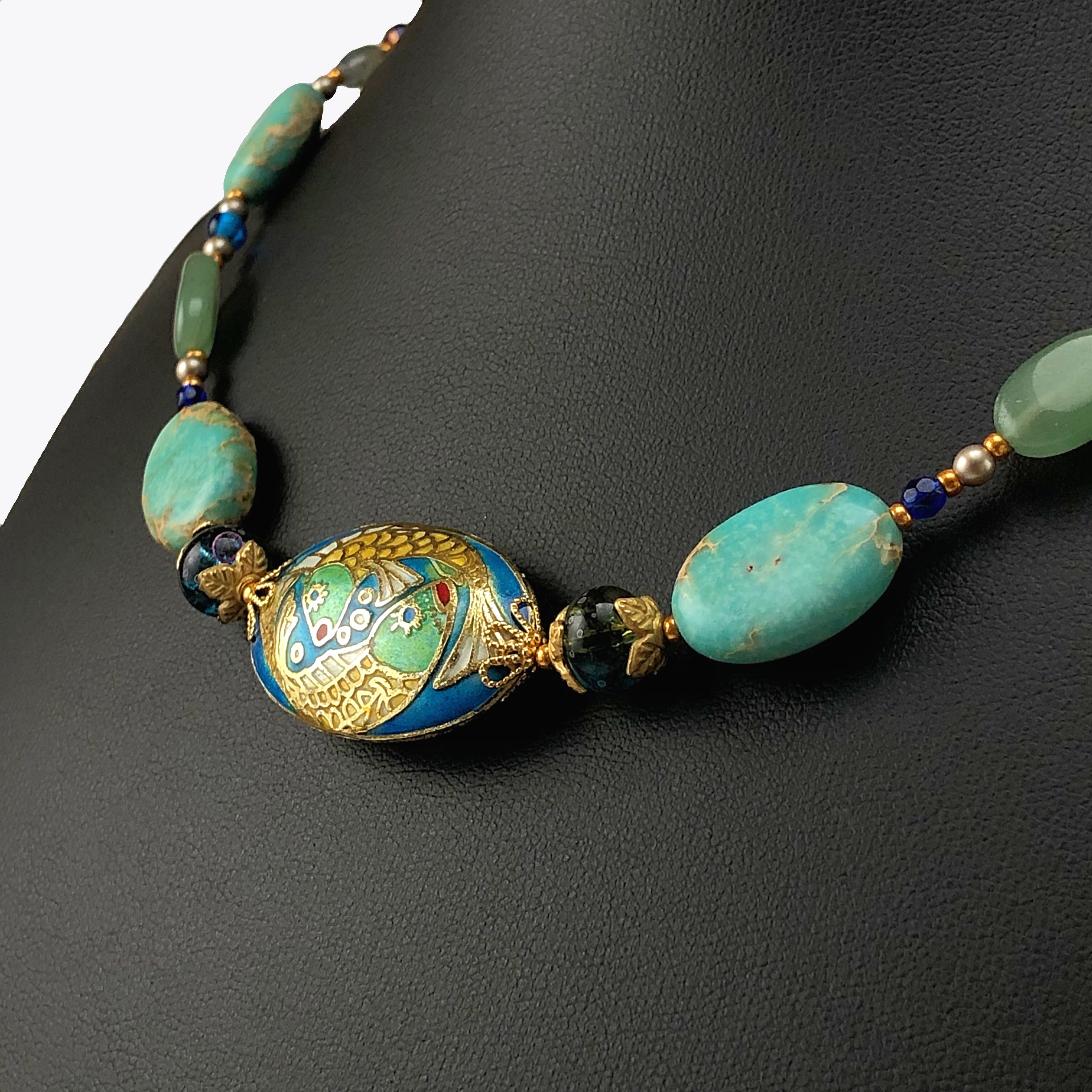 Handcrafted Cloisonné Enamel Fish Focal Choker Necklace with Magnesite, African Aventurine & Cultured Pearls – 16"