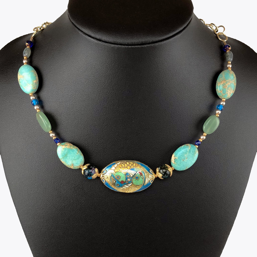 Handcrafted Cloisonné Enamel Fish Focal Choker Necklace with Magnesite, African Aventurine & Cultured Pearls – 16"