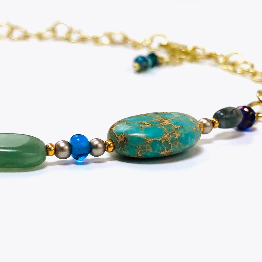 Handcrafted Cloisonné Enamel Fish Focal Choker Necklace with Magnesite, African Aventurine & Cultured Pearls – 16"