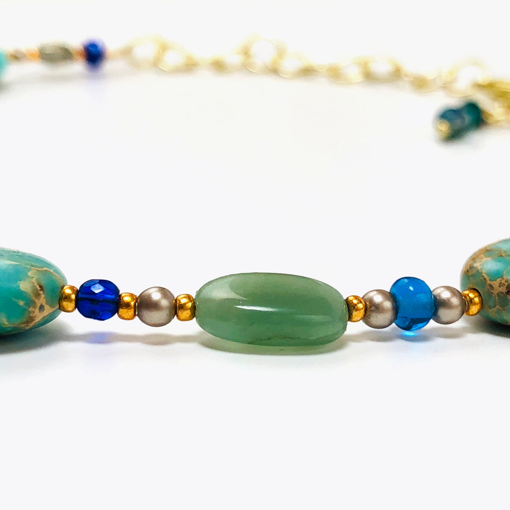 Handcrafted Cloisonné Enamel Fish Focal Choker Necklace with Magnesite, African Aventurine & Cultured Pearls – 16"
