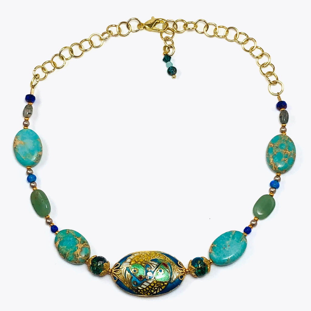 Handcrafted Cloisonné Enamel Fish Focal Choker Necklace with Magnesite, African Aventurine & Cultured Pearls – 16"