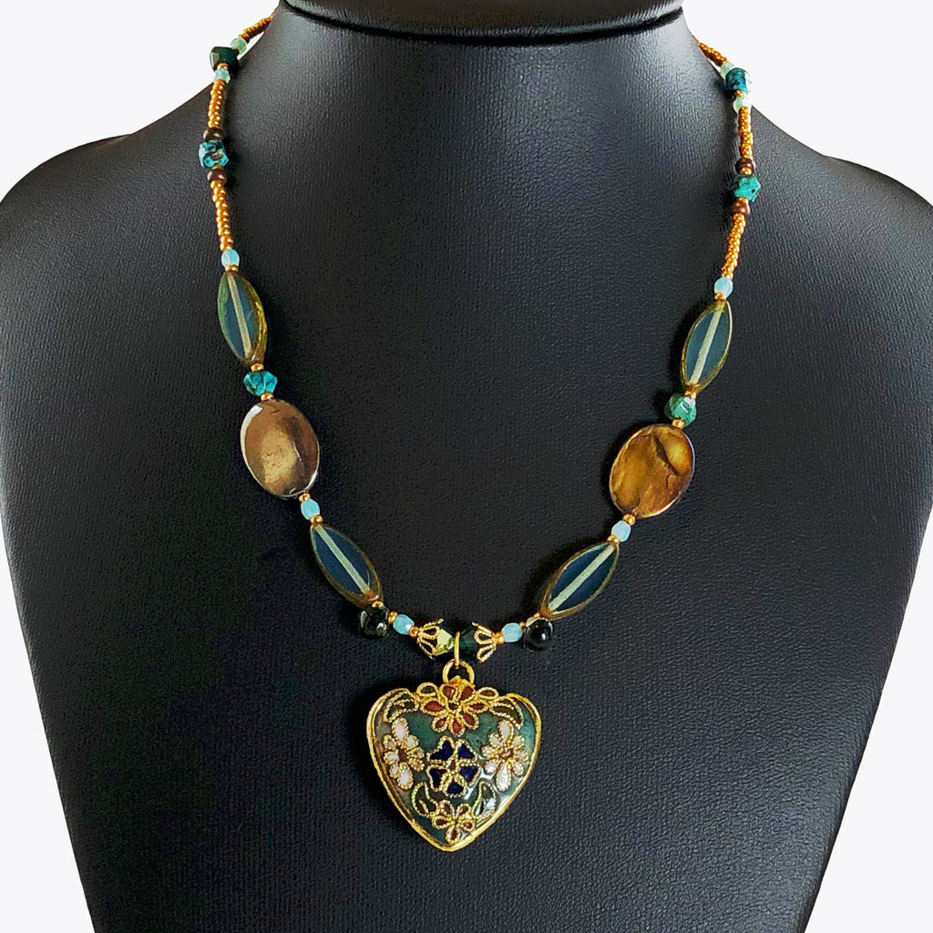 Handcrafted Victorian Floral cloisonné Heart Choker Necklace with Iridescent Shell, Turquoise & Swarovski Crystals – 15"